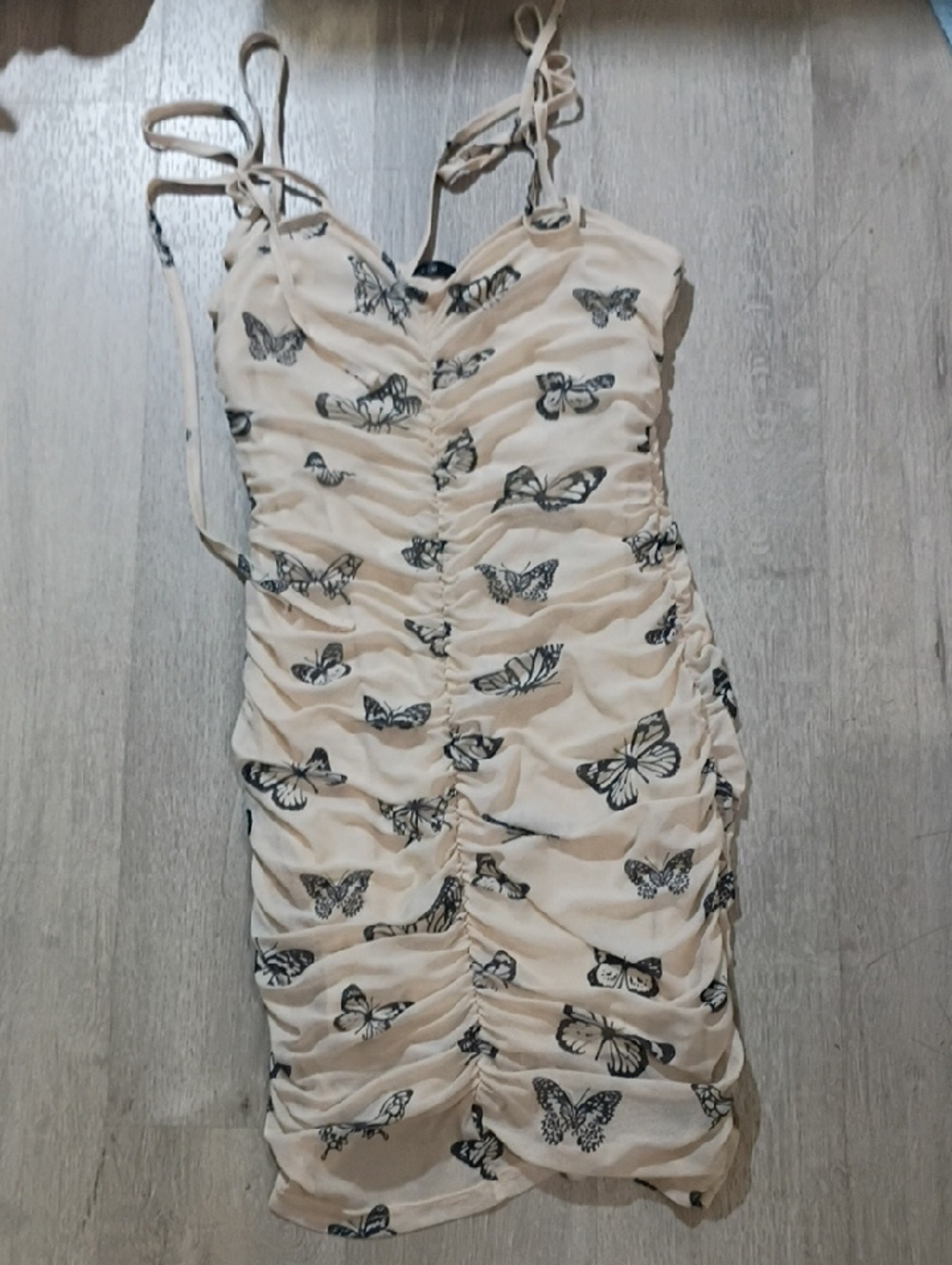 SHEIN Cream Ruched Mini Dress with Black Butterfly Print
